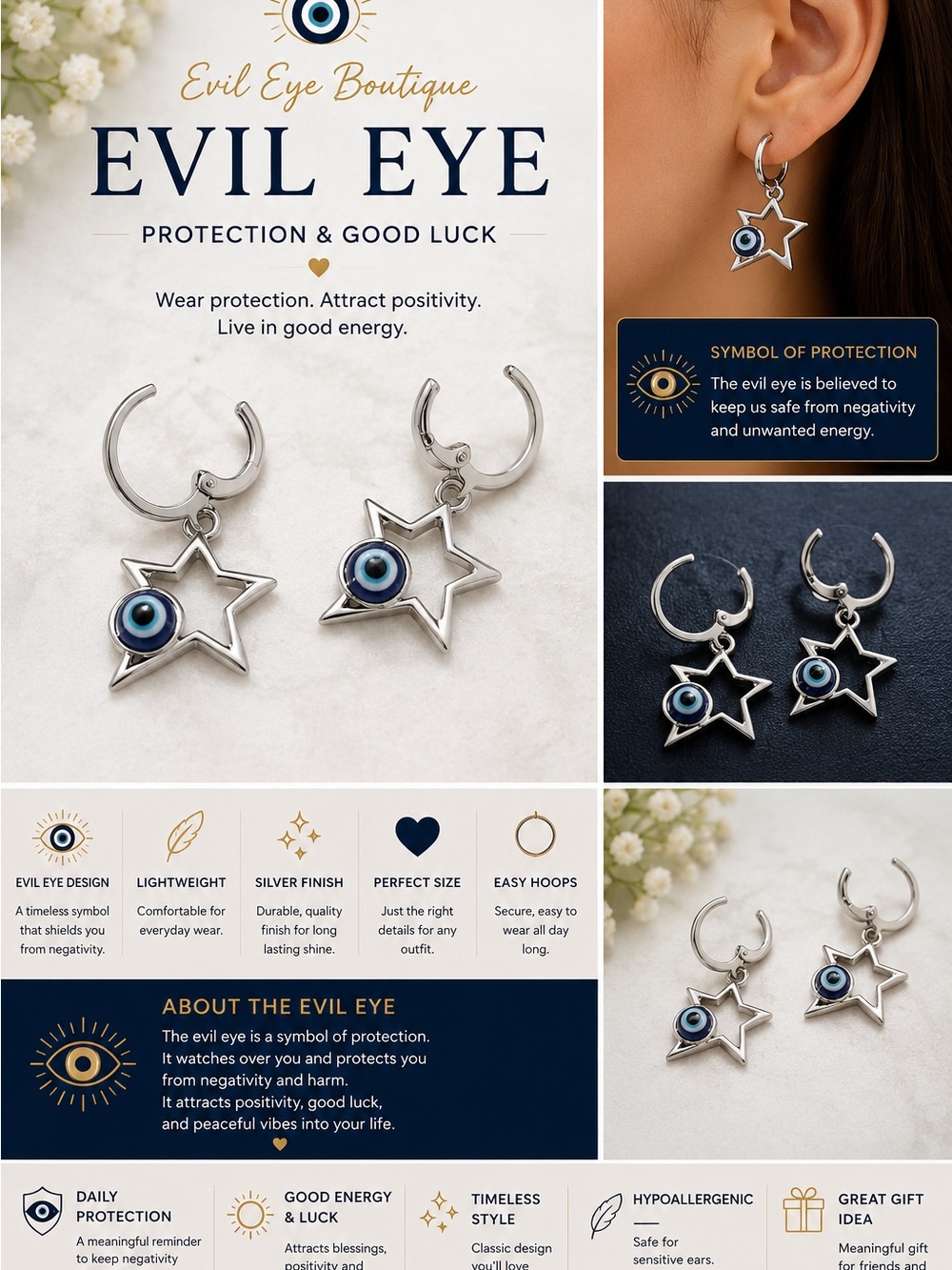 Evil Eye Star Hoop Earrings - Silver with Blue Eye